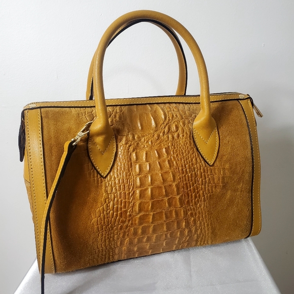 Handbags - Mustard Yellow Croc-Embossed Suede Satchel Handbag